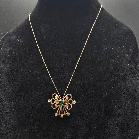 Van Dell 12K Gold Filled Necklace Earrings Set Green Rhinestone Vintage Jewelry - Picture 2 of 10